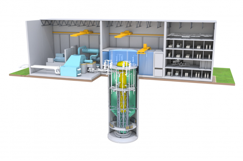 Cutaway rendering of the BWRX-300 small modular reactor, showing the turbine hall, reactor pit with the in-vessel core, and adjacent fuel storage building.