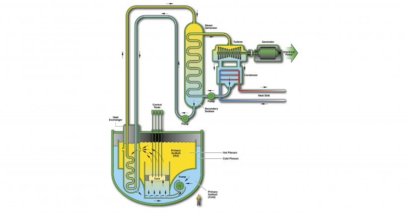 Schematic of a sodium-cooled fast reactor with a primary sodium pool feeding a secondary sodium loop, steam generator, and turbine-generator set.