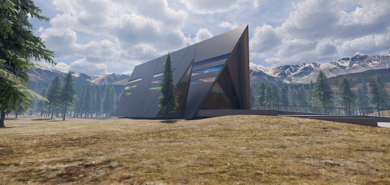 Architectural rendering of an Aurora-style microreactor powerhouse — an angular building set on a forested ridge below snow-capped mountains.